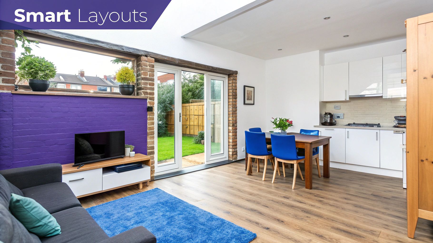 A modern, open-plan living room and kitchen area with vibrant purple wall, wooden floor, and blue accents.