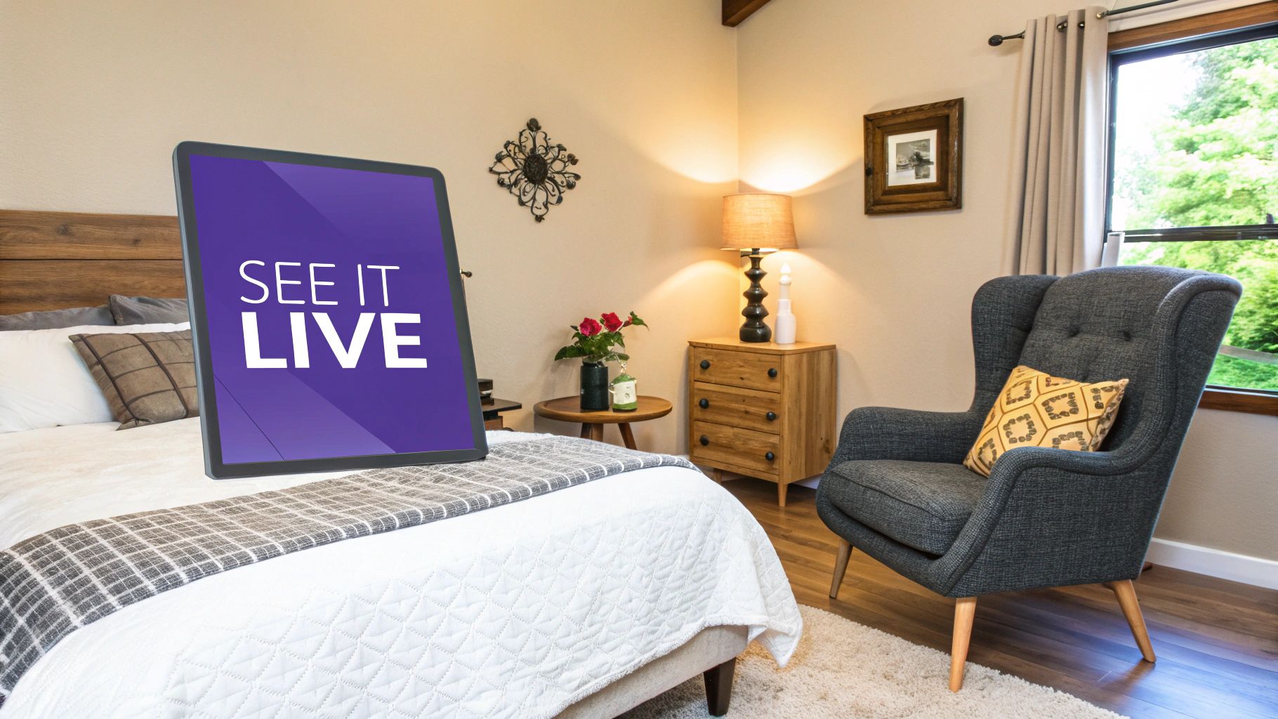 A hyper-realistic image showing a specific branded sofa visualized in a user's actual living room.