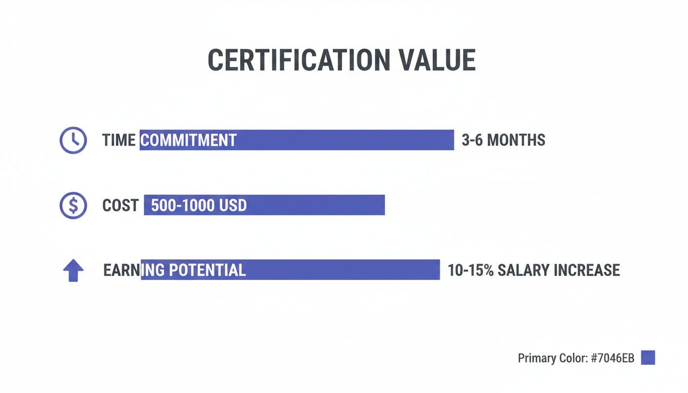 Infographic showing the value of a certification, detailing time commitment, cost, and earning potential.