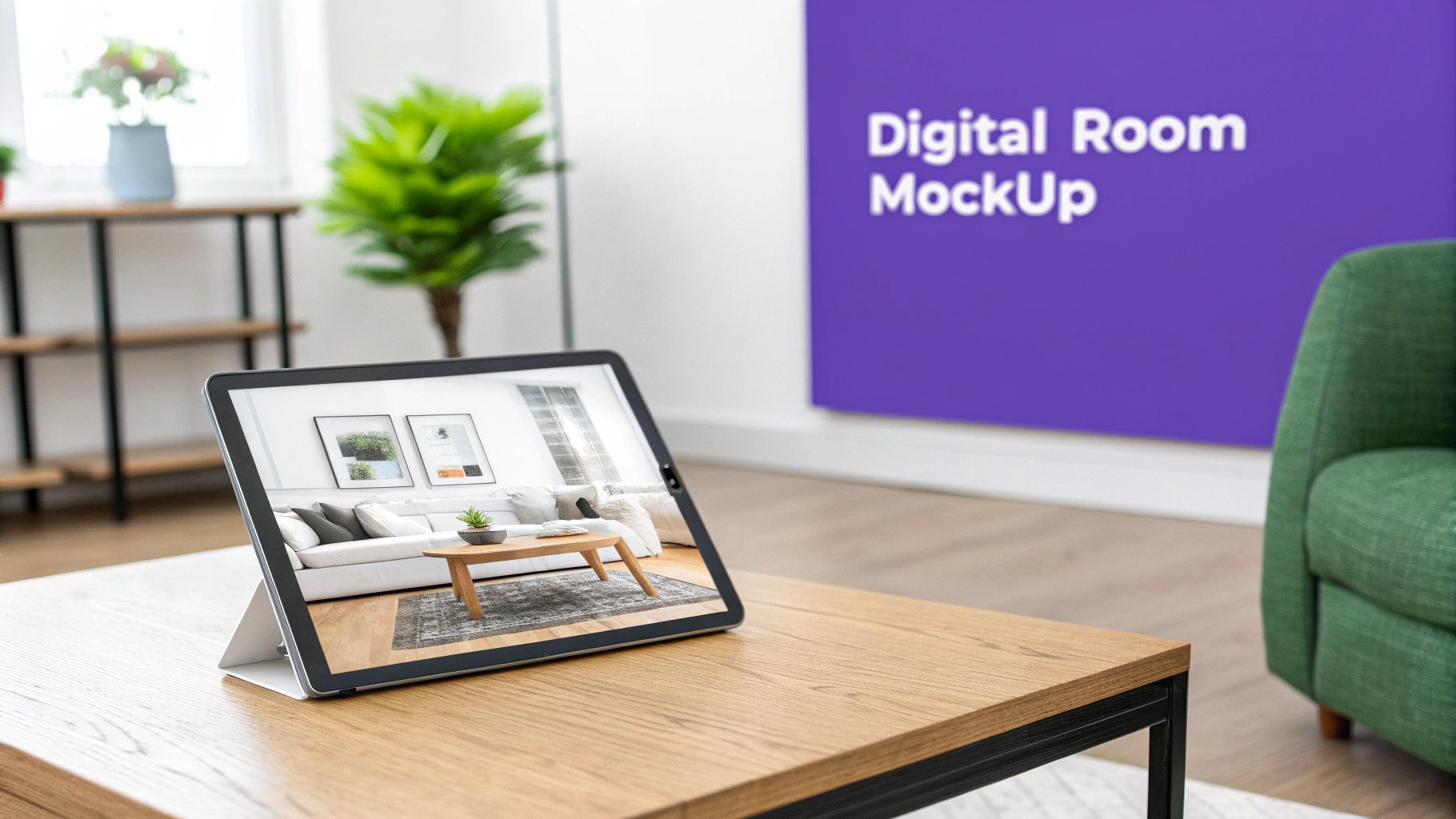 A digital tablet on a wooden table showcases a room interior design, complementing a purple wall graphic.