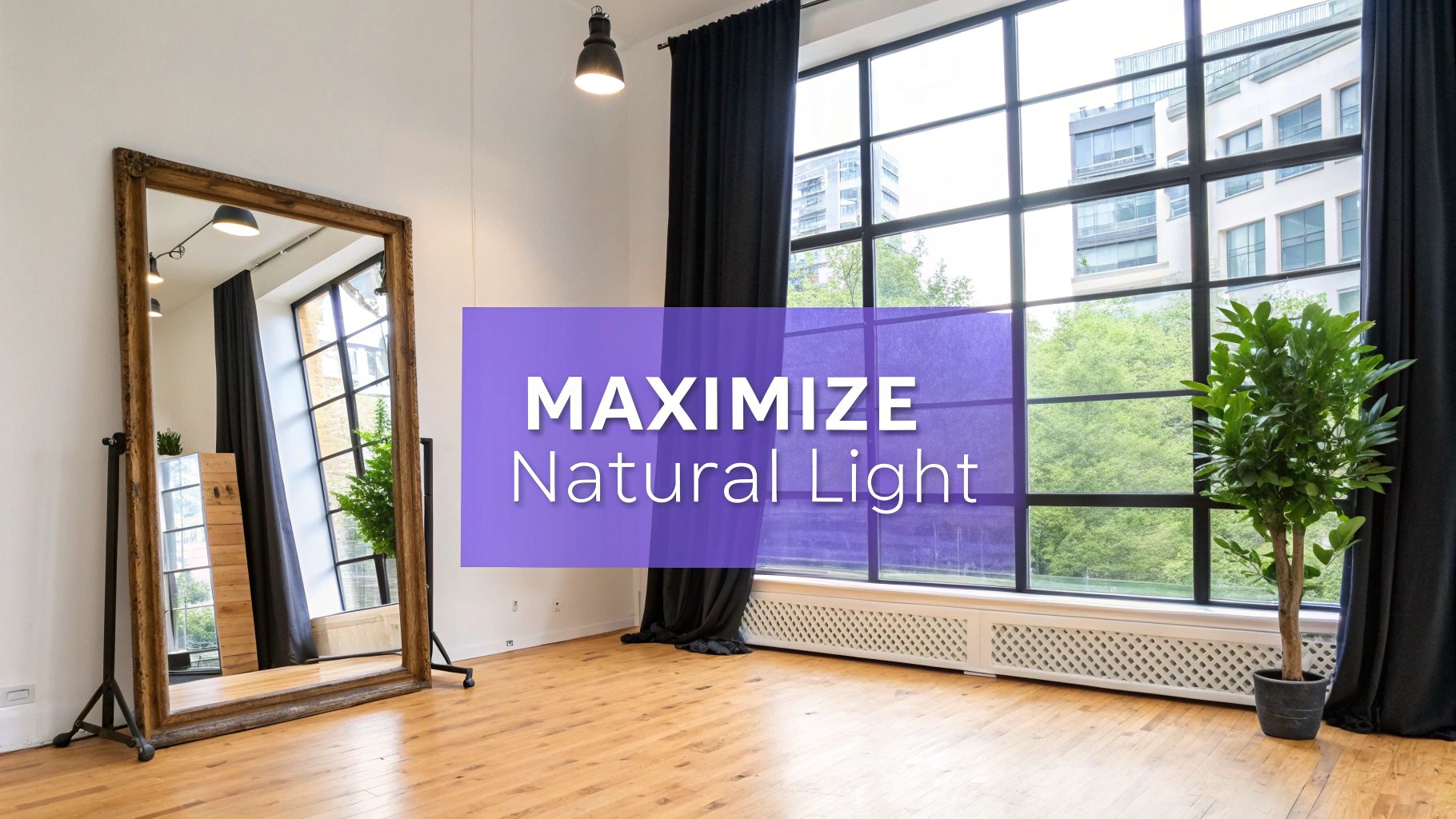 A bright studio condo interior with large windows, a mirror, and a potted plant, emphasizing natural light.