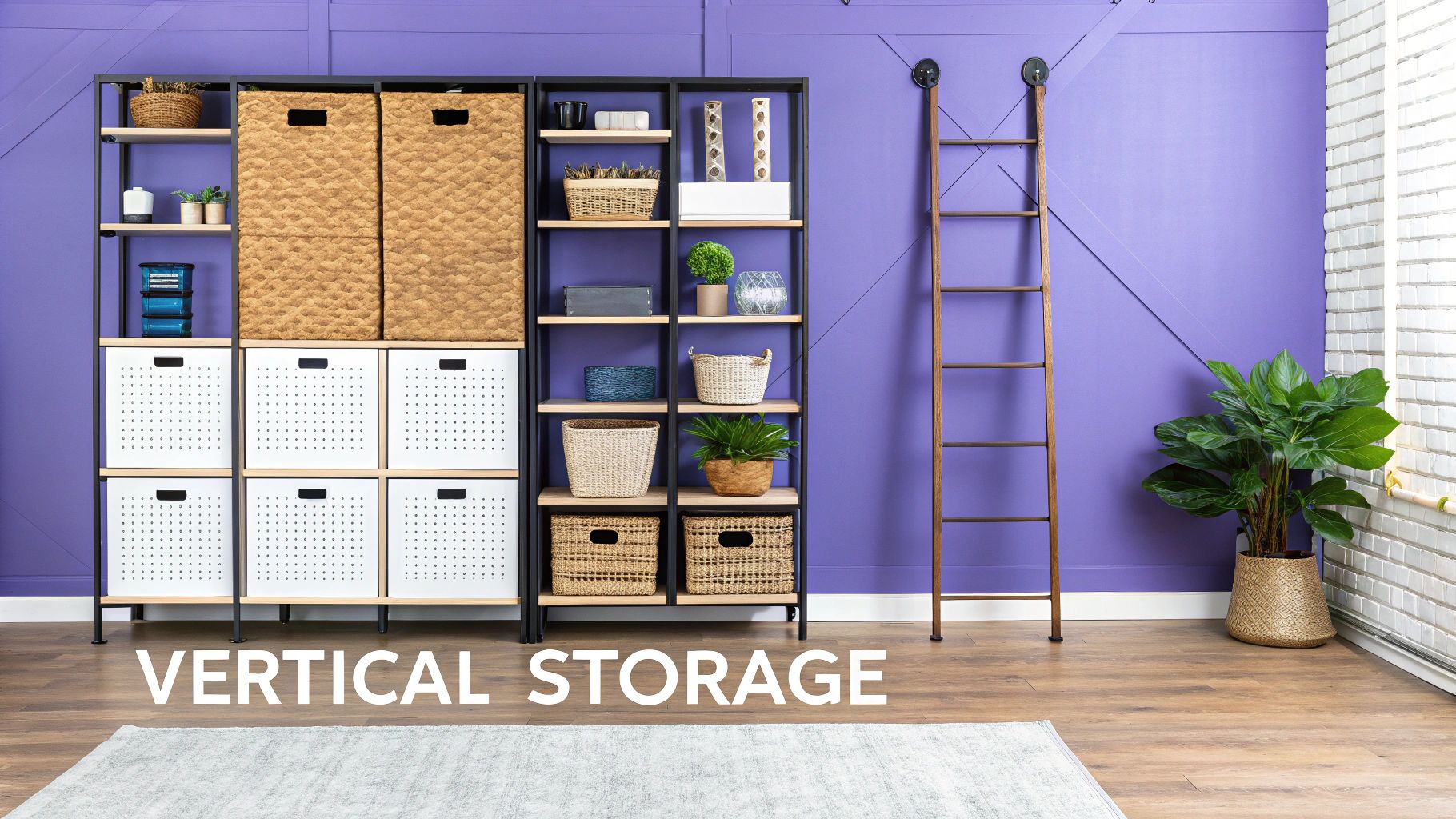 Modern room with purple walls, a black and wood vertical shelving unit, storage baskets, and a plant.