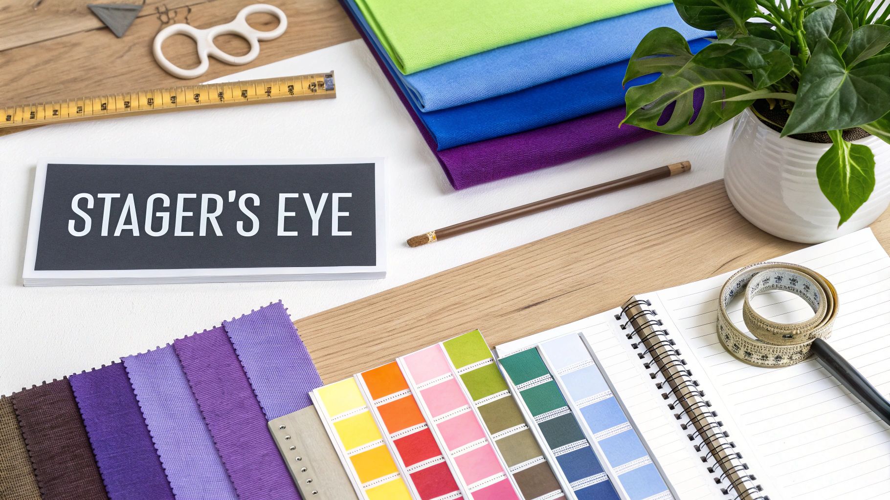 A flat lay of home staging tools and materials, including fabric swatches, color palettes, and a 'Stager's Eye' sign.