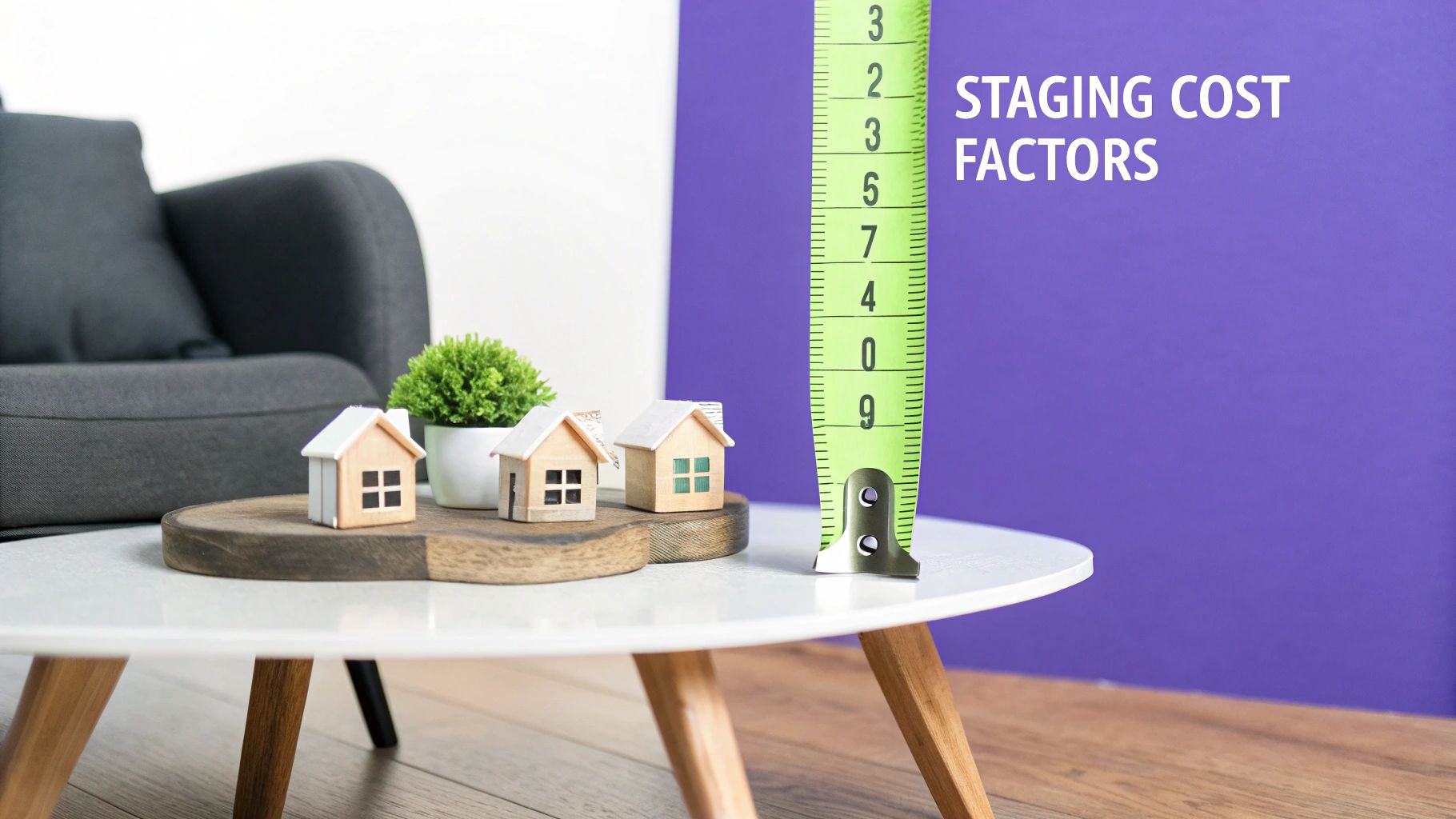 Living room with modern furniture and large windows showing a city view.