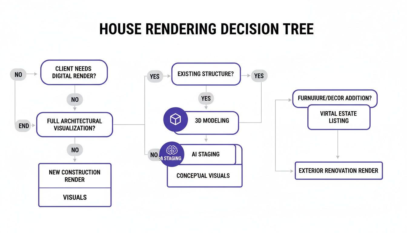 A flowchart outlining the decision-making process for various house rendering and architectural visualization services.