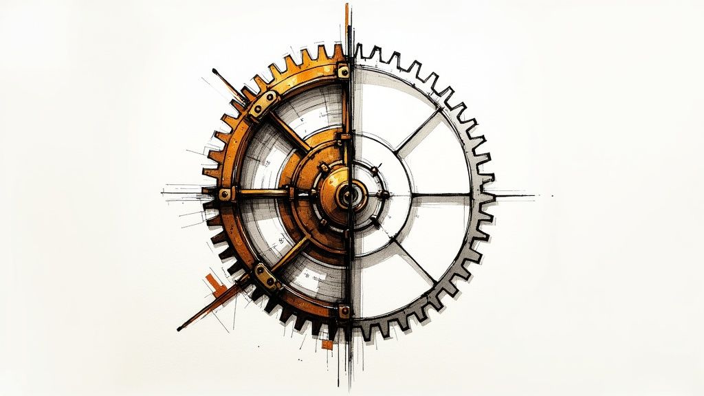A visually striking icon of a gear that blends steampunk and modern styles.