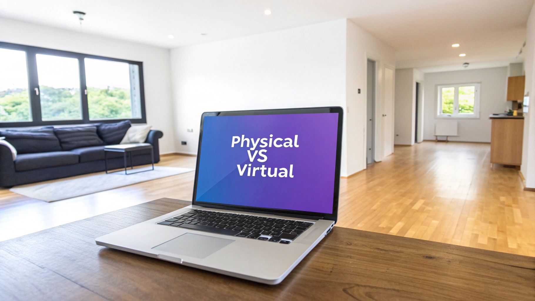 A split image showing a physically staged room on one side and a virtually staged room on the other, highlighting the comparison.