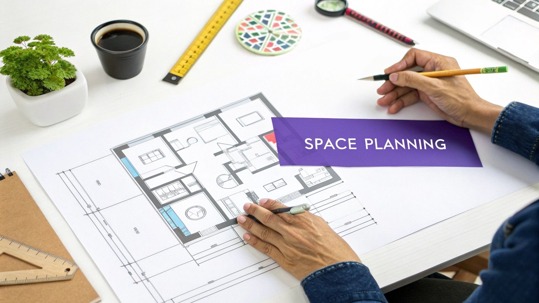 Hands drawing on a house floor plan blueprint with 'SPACE PLANNING' text, drafting tools, coffee, and a plant.