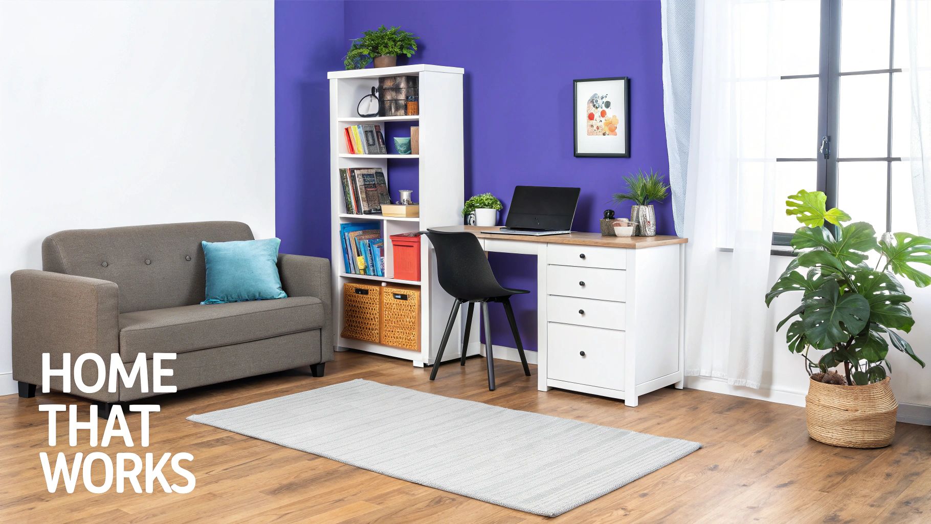 A vibrant home office features a grey sofa, white desk, bookshelf, and green plants against purple and white walls.