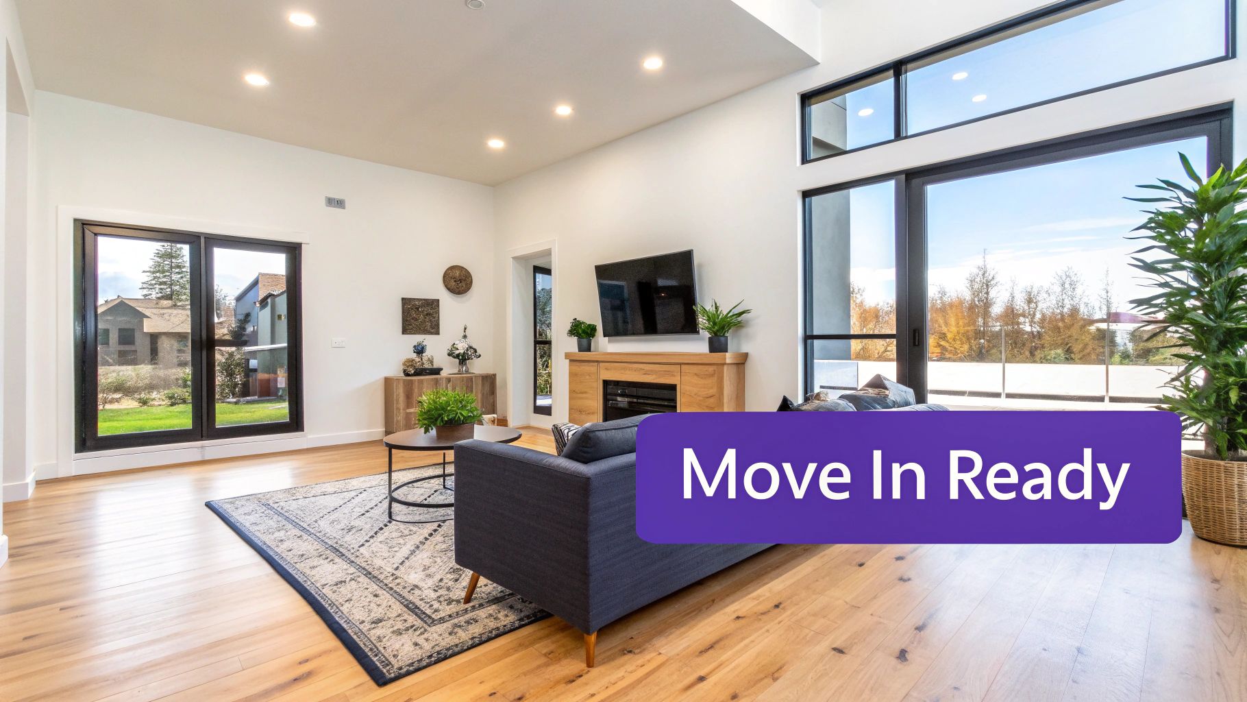 A bright and spacious modern living room with a sofa, fireplace, and large windows showcasing the outdoors.
