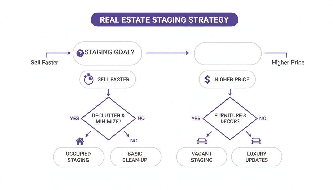 Flowchart illustrating real estate staging strategies, outlining steps to sell faster or achieve a higher price.