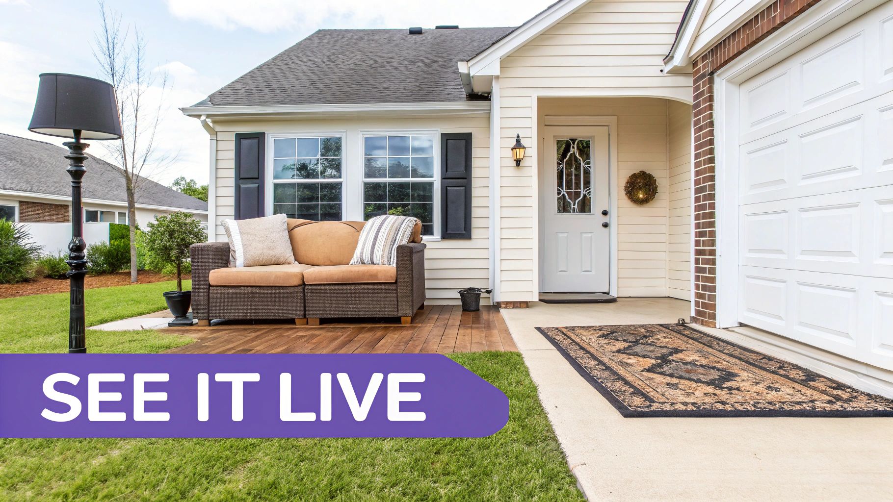 A virtually staged transitional living room with warm, neutral tones and comfortable furniture, created by aiStager.