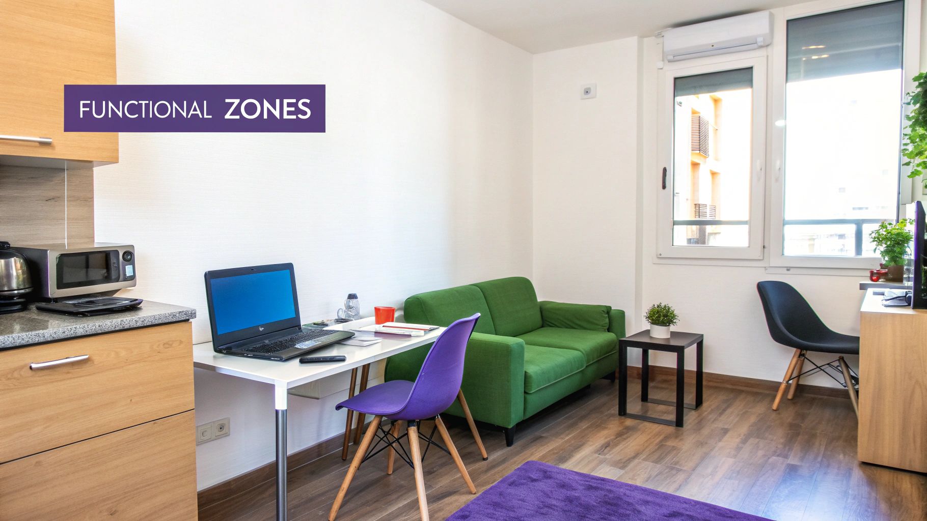 A modern studio apartment features distinct zones for living, working, and a compact kitchen area.