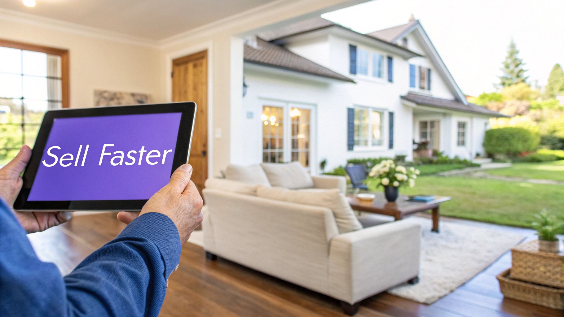 Person holding a tablet with 'Sell Faster' on screen, overlooking a staged modern home.