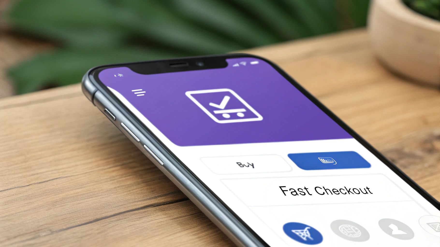 A streamlined mobile checkout screen with easy-to-tap buttons and multiple payment options, illustrating a frictionless purchase experience.