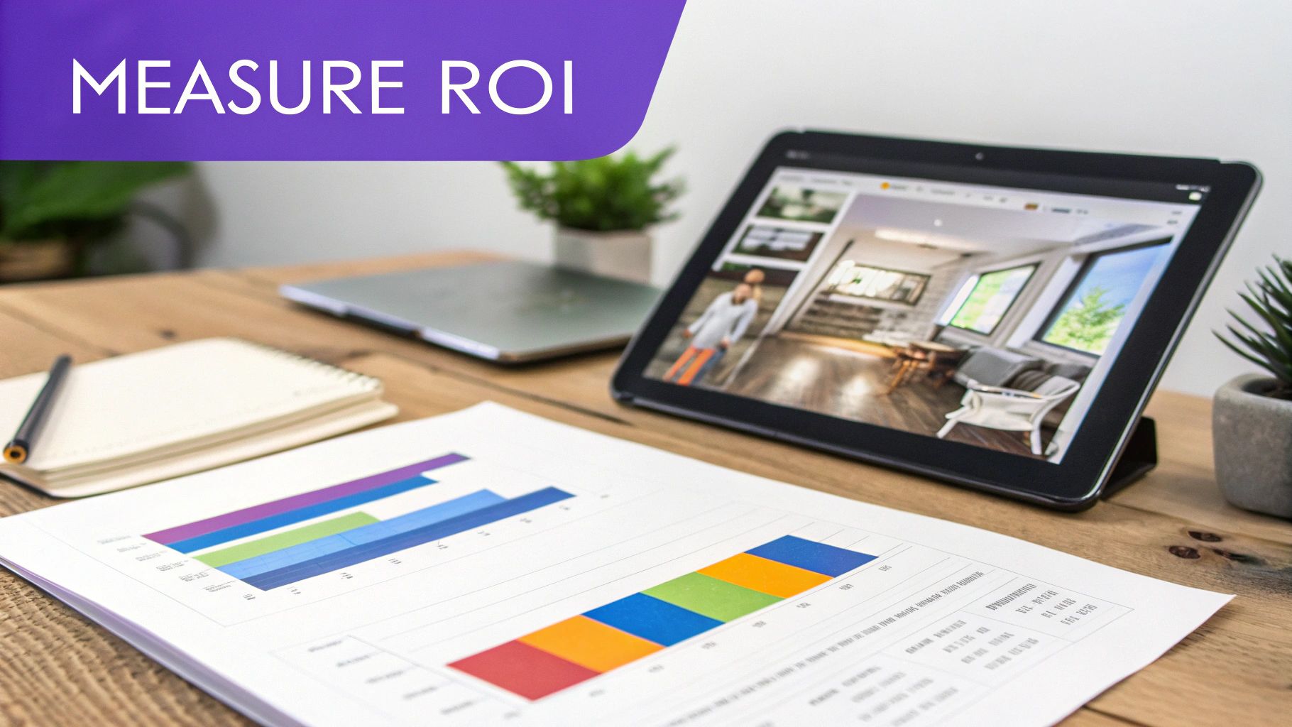 A workspace showing a tablet with a 3D interior design, business graphs, and 'Measure ROI'.