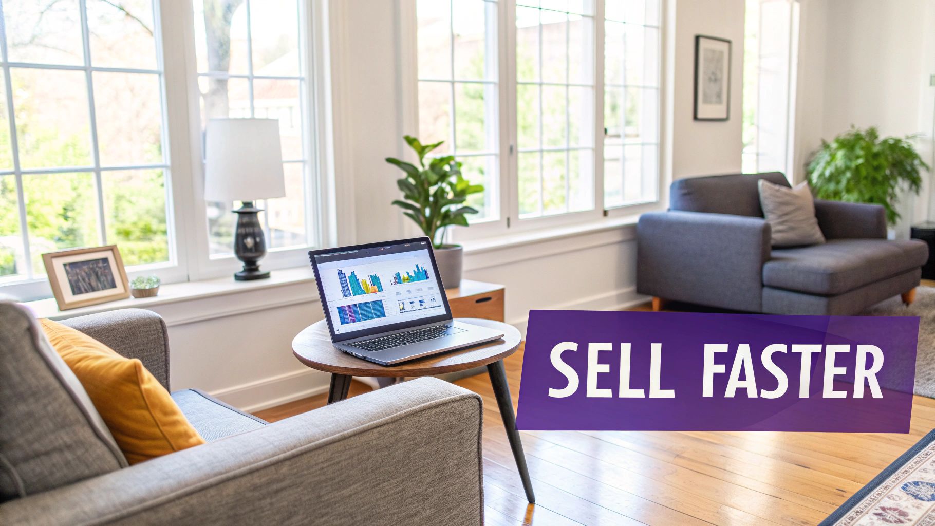A laptop on a coffee table in a modern living room with a 'SELL FASTER' overlay.