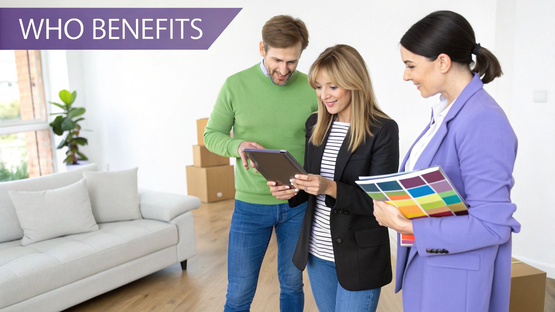 Three people discussing home design, looking at a tablet and color swatches in a new home.