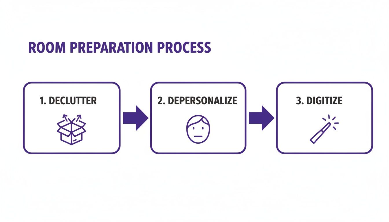 A three-step room preparation process flow diagram showing Declutter, Depersonalize, and Digitize with icons.