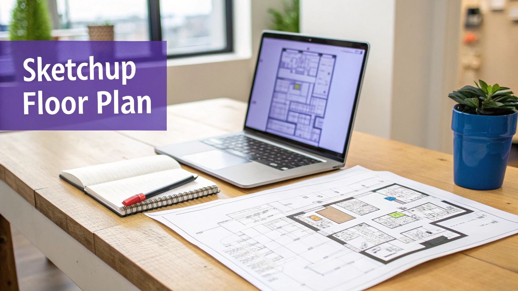 A wooden desk with a laptop displaying a Sketchup floor plan, a printed blueprint, and a notebook.