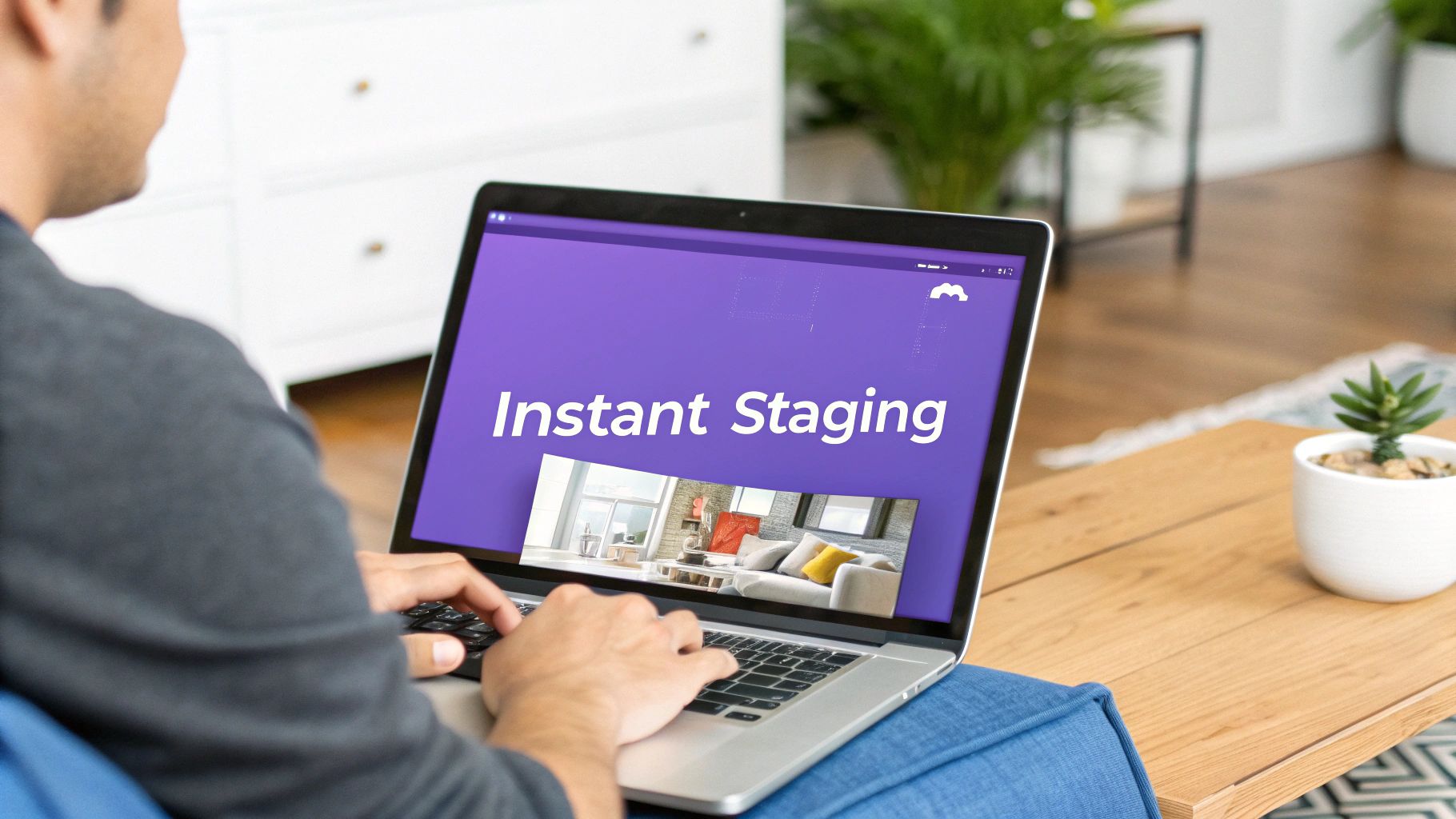 Man using a laptop displaying 'Instant Staging' software for virtual home design.