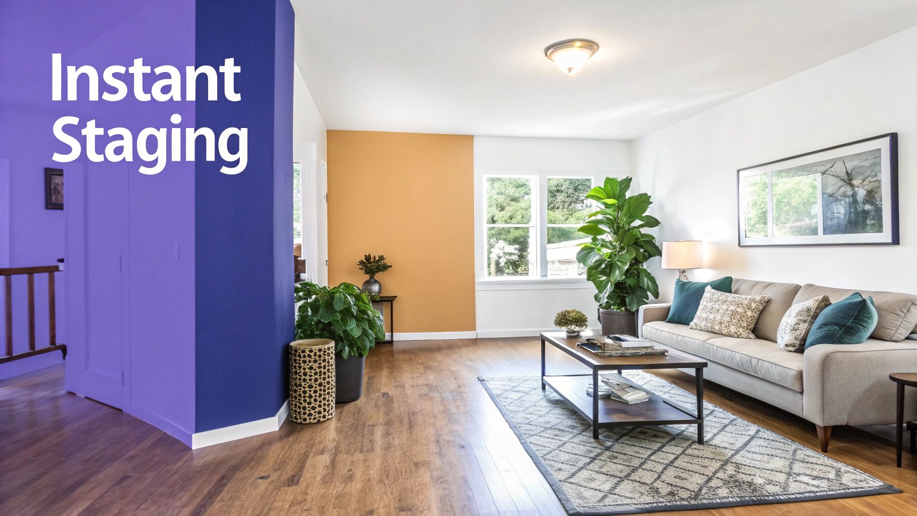 A bright living room with a beige sofa, colorful pillows, a coffee table, and green plants.