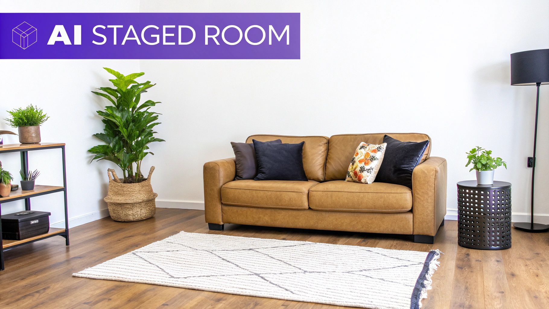 A modern living room with a tan leather sofa, patterned rug, various plants, and a floor lamp.