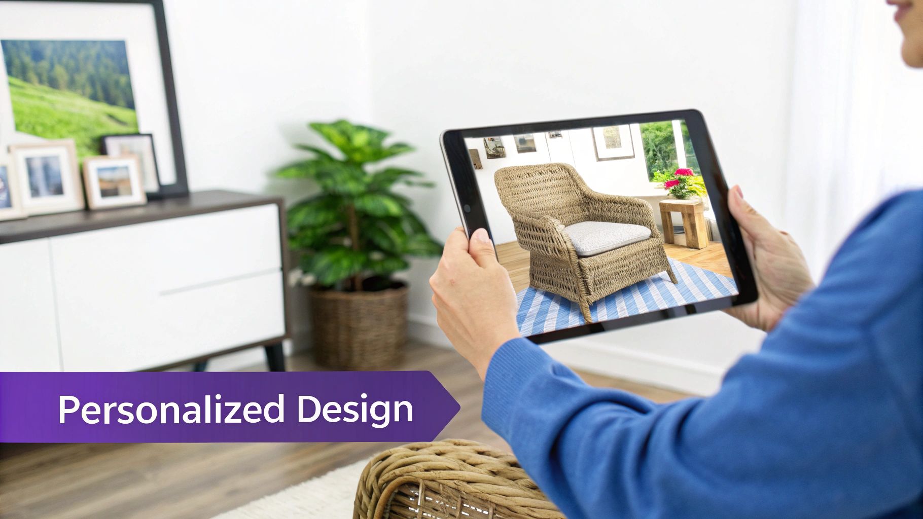 A person uses a tablet to virtually place a wicker chair and rug in an augmented reality interior design.