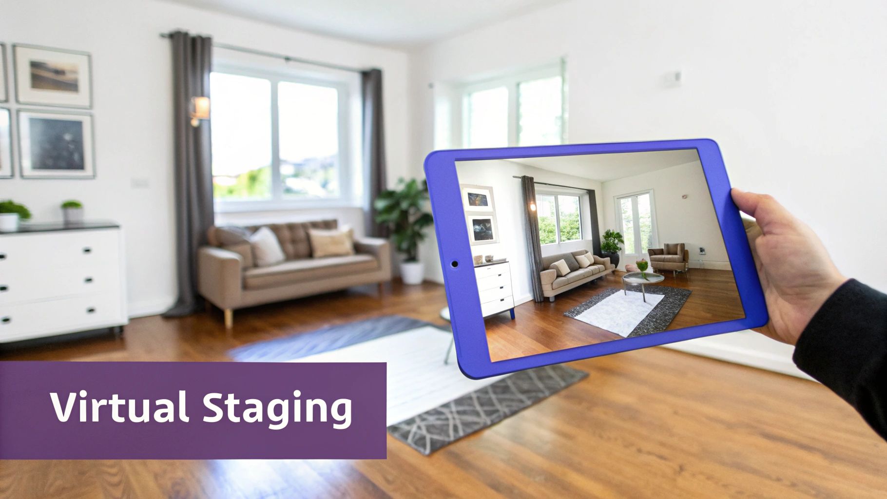 A hand holds a tablet displaying a virtually staged living room, showcasing modern furniture in a bright space.