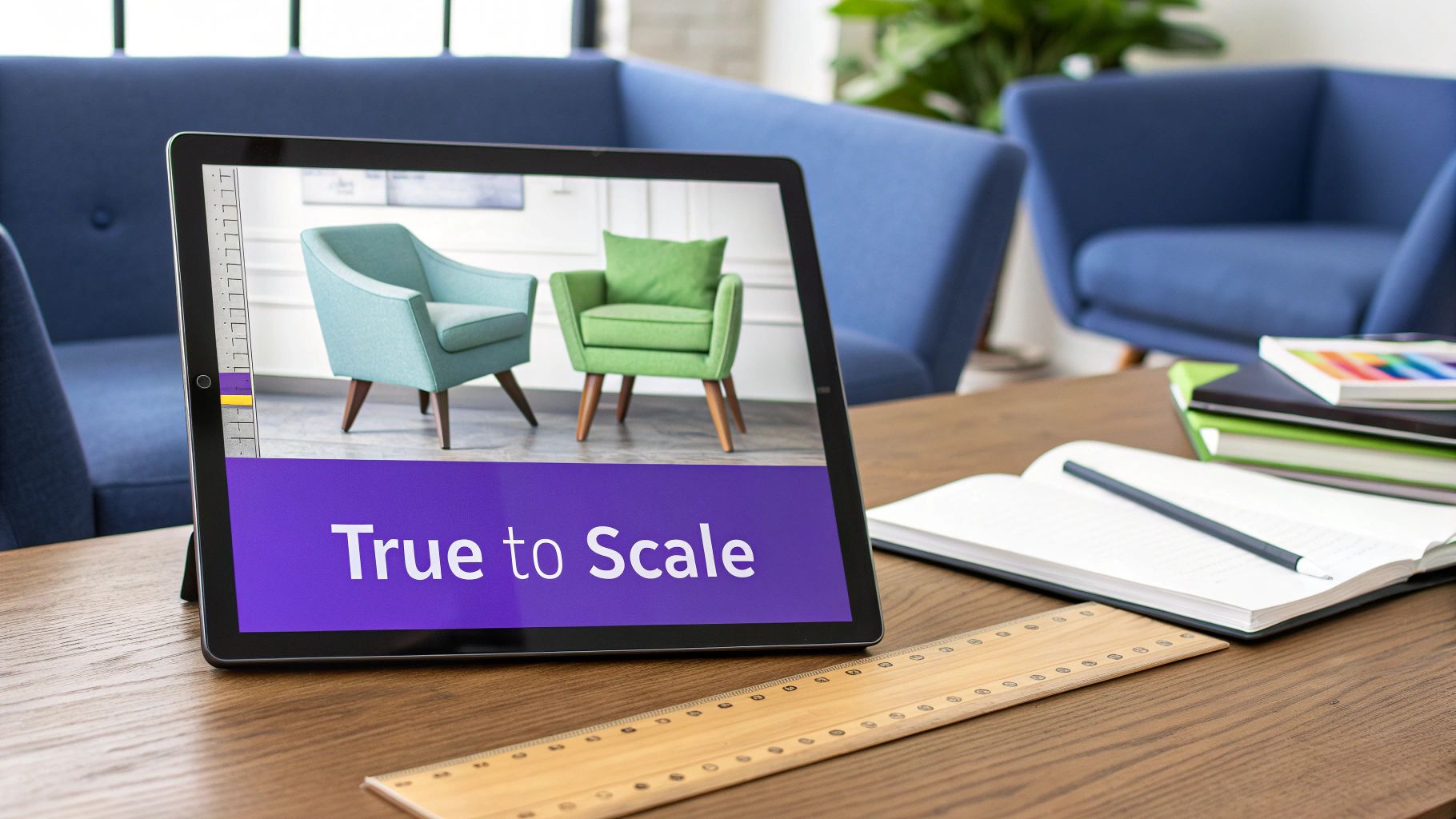A tablet on a wooden table displays an interior design app with two armchairs and a ruler.