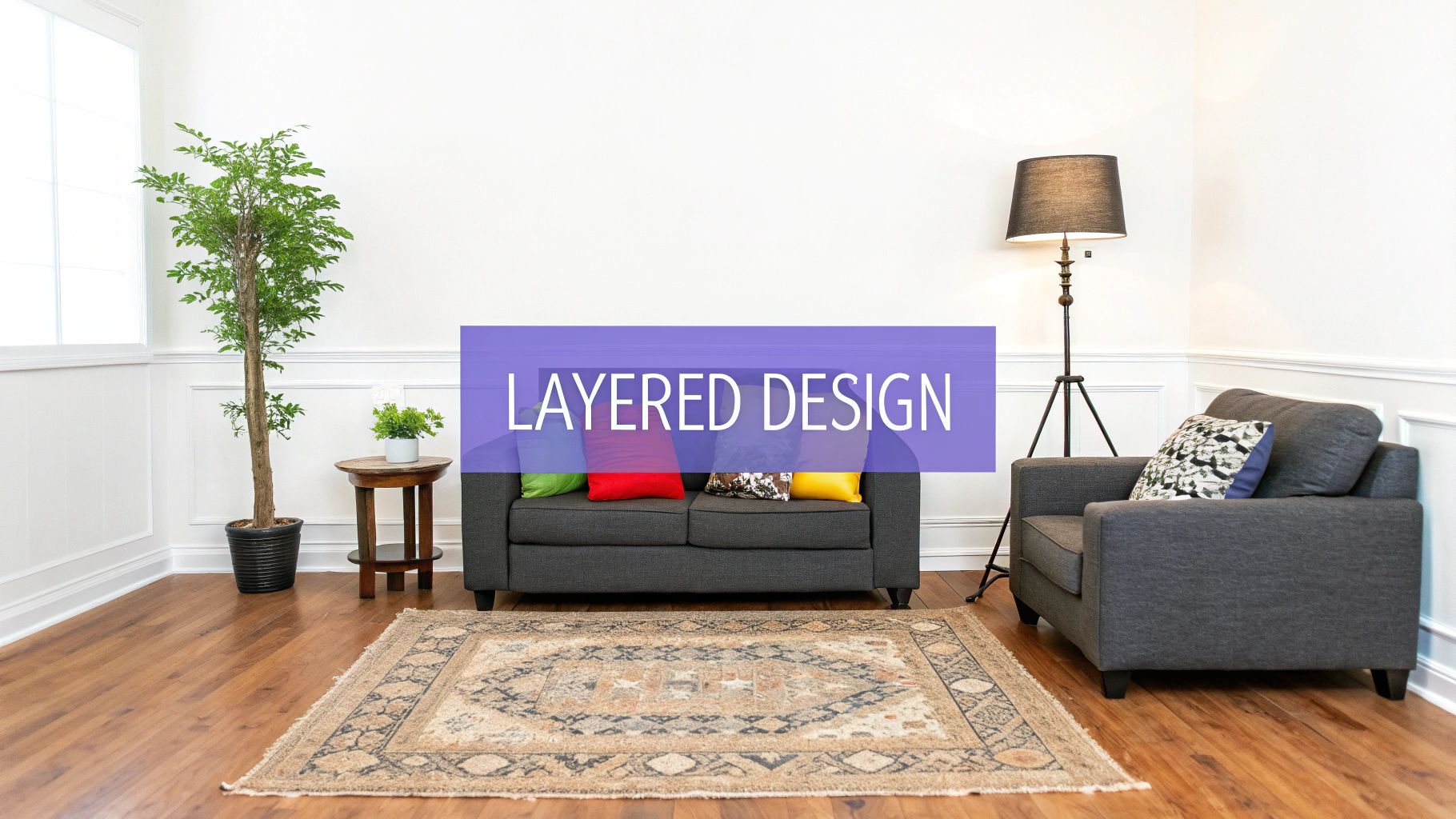 A well-layered living room with a large area rug, multiple light sources including a floor lamp and table lamp, and thoughtfully placed decor.