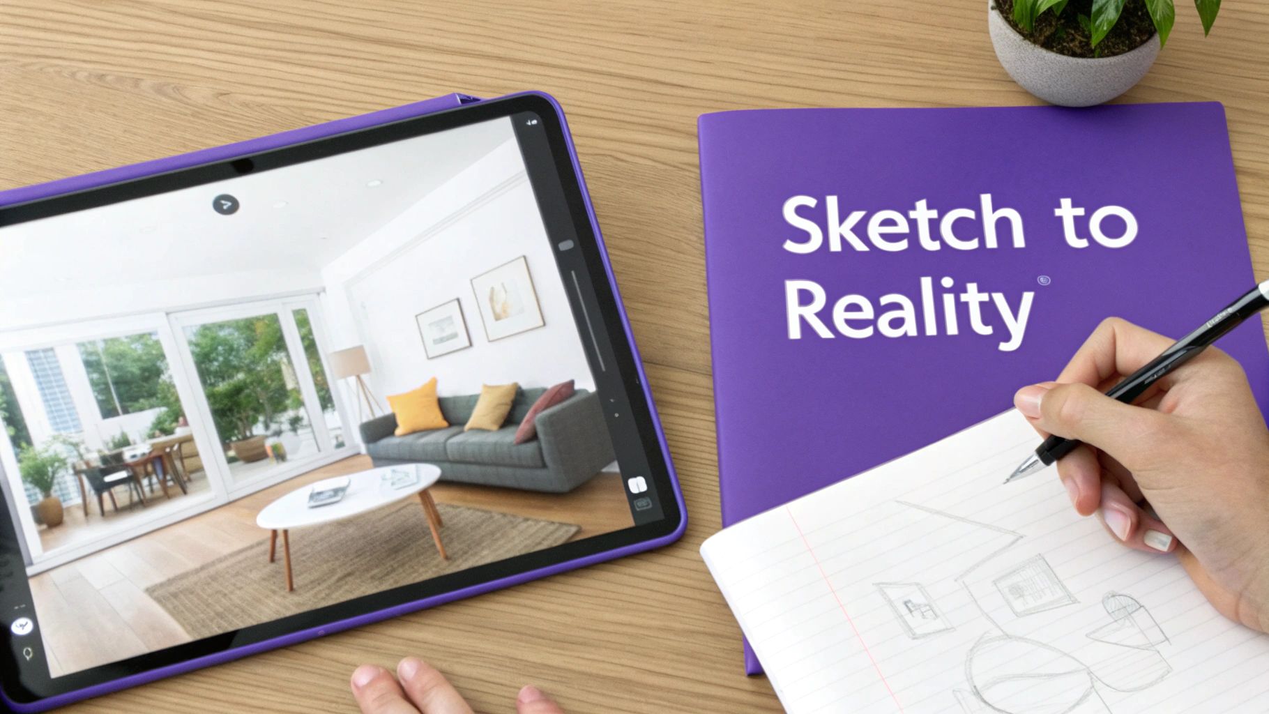 A person sketches on a notebook next to a tablet displaying a modern living room and a "Sketch to Reality" book.