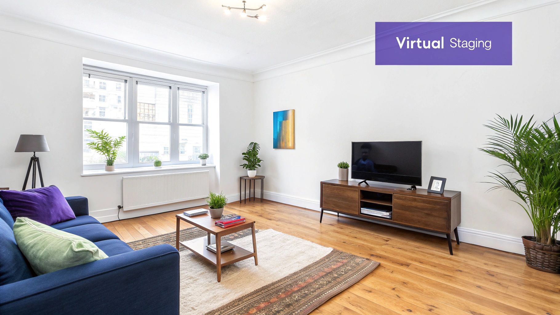 A modern, virtually staged living room with a blue sofa, coffee table, TV, and indoor plants.