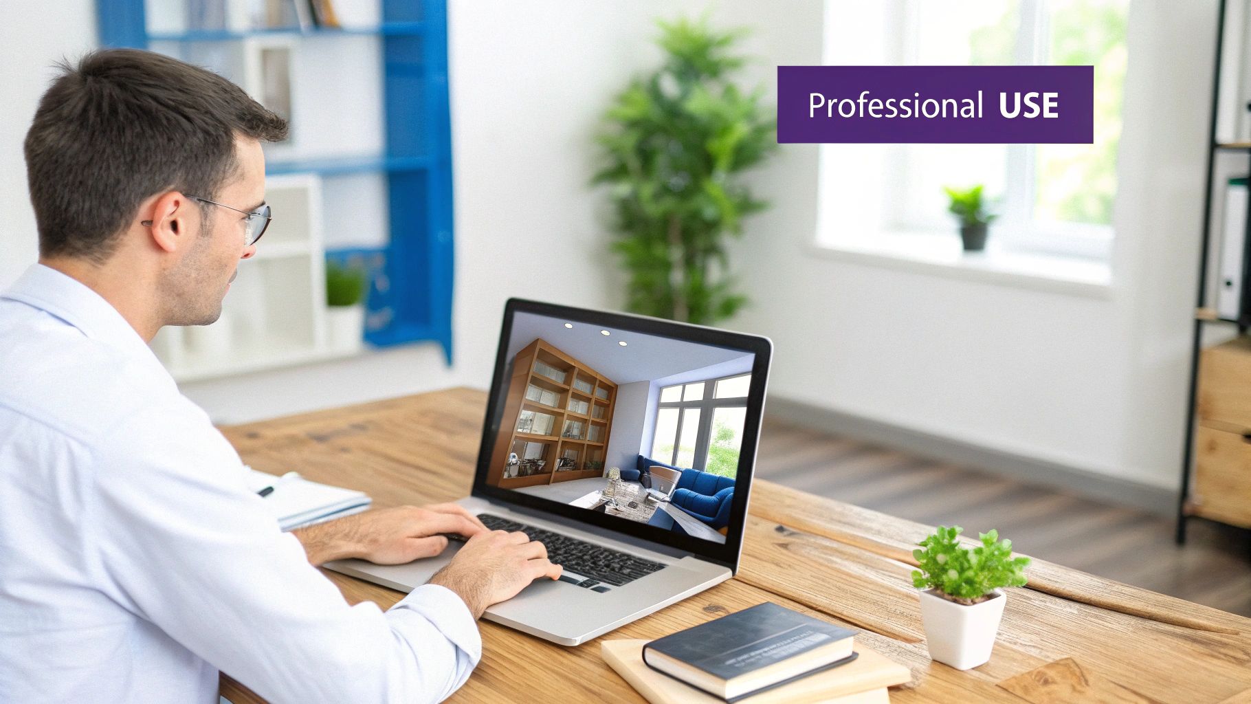 An interior designer using an AI home design app on a tablet to visualize a client's living room.