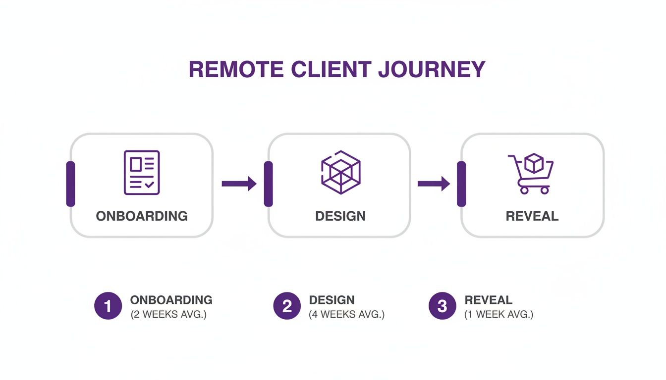 Flowchart illustrating a remote client journey with three steps: Onboarding, Design, and Reveal, including durations.