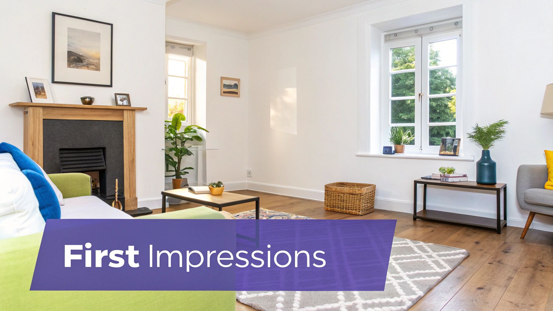A bright, modern living room with a fireplace, wooden floors, and a large window overlooking greenery.