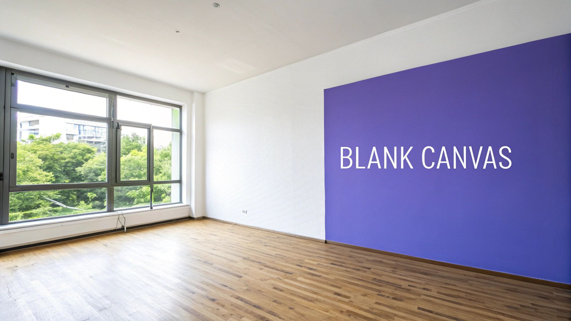 Empty modern room with purple accent wall, large windows, wooden floor and natural light