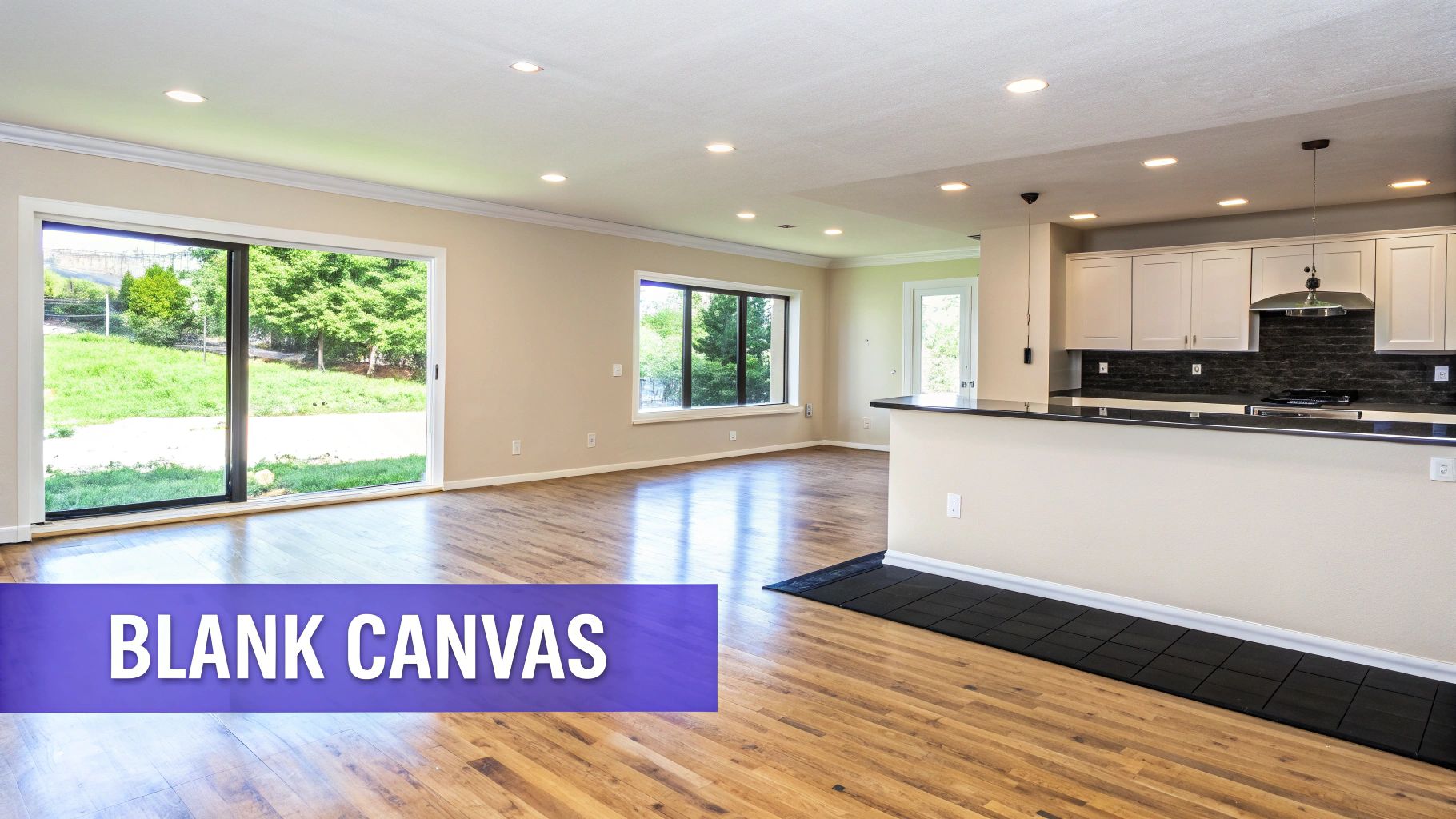 An empty, modern, open-concept room with hardwood floors, large windows, and a kitchen area.