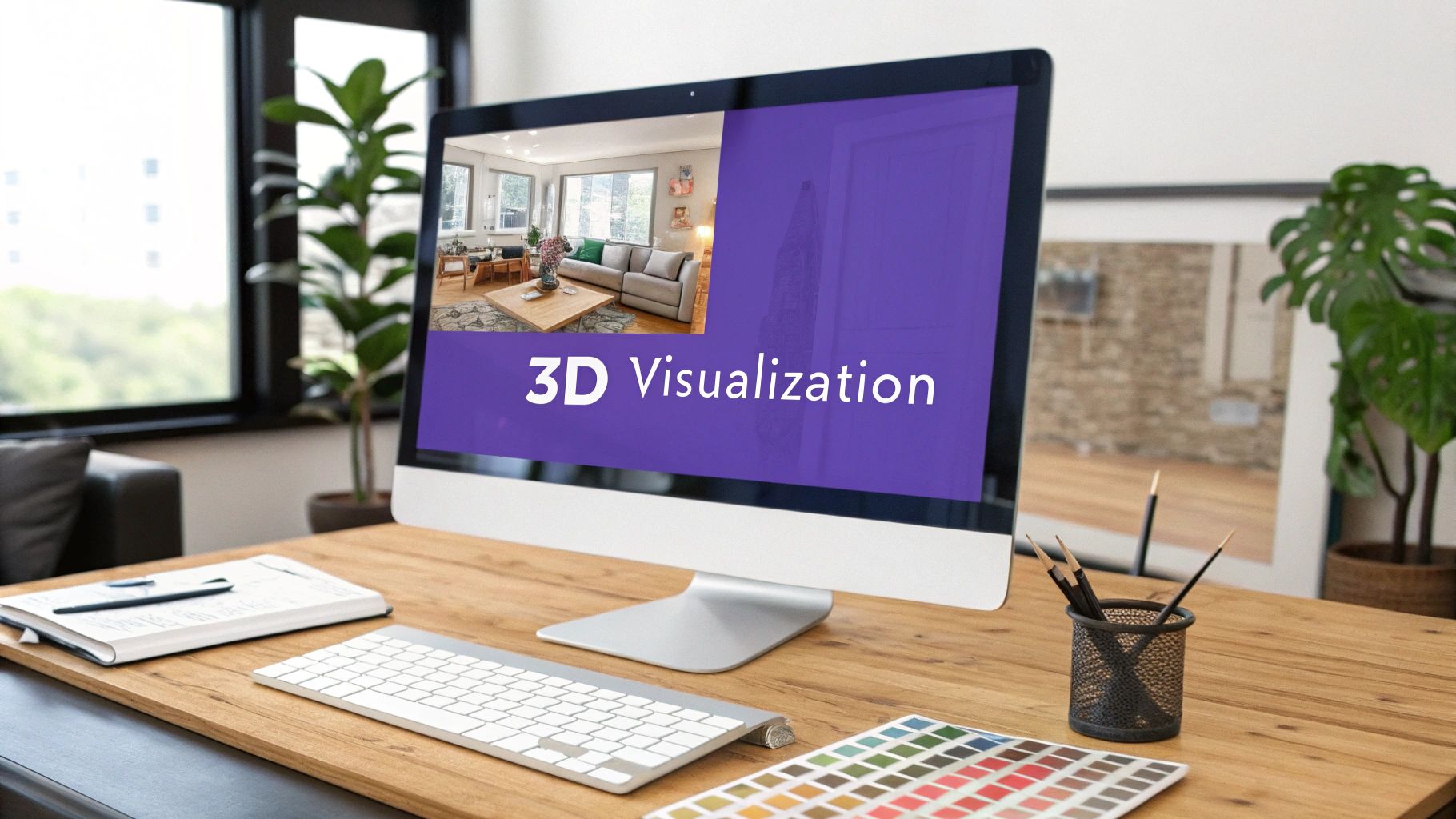Interior designer workspace with computer displaying 3D visualization software and color palette on wooden desk