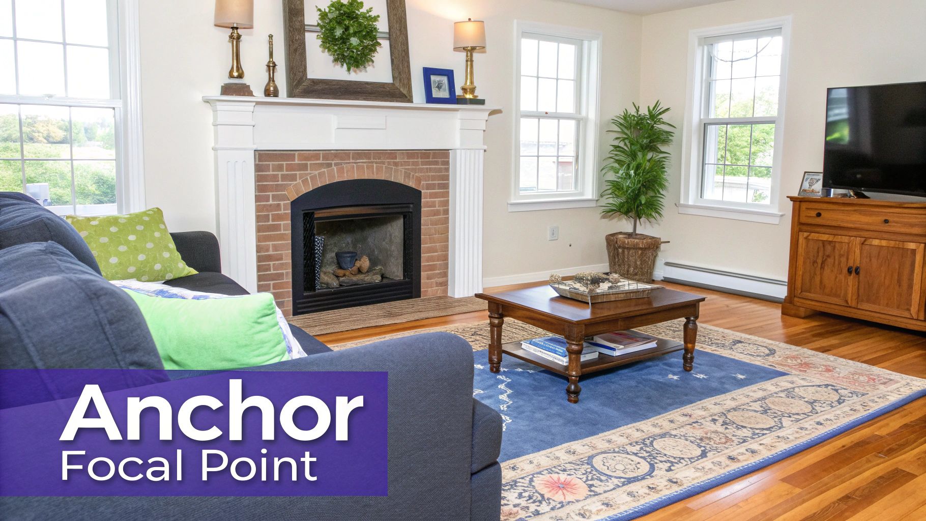 A stylish living room with a large rustic media console as the focal point.