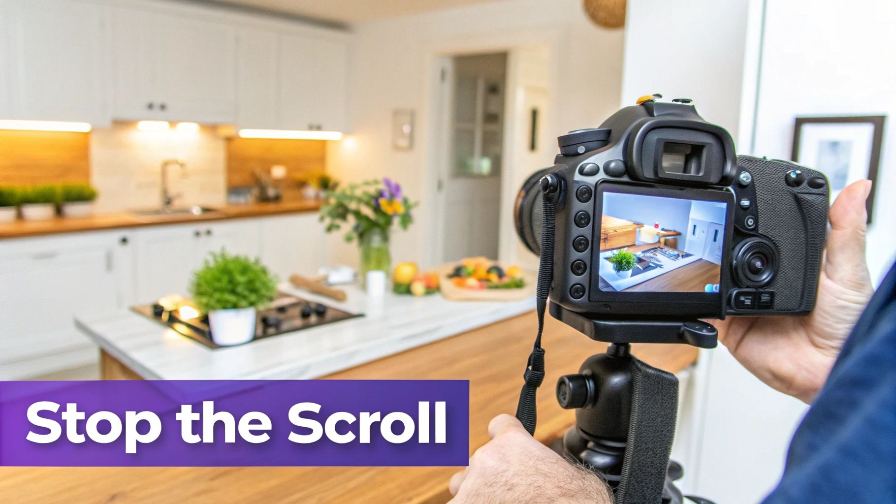 A person captures a beautifully staged modern kitchen with a DSLR camera on a tripod.