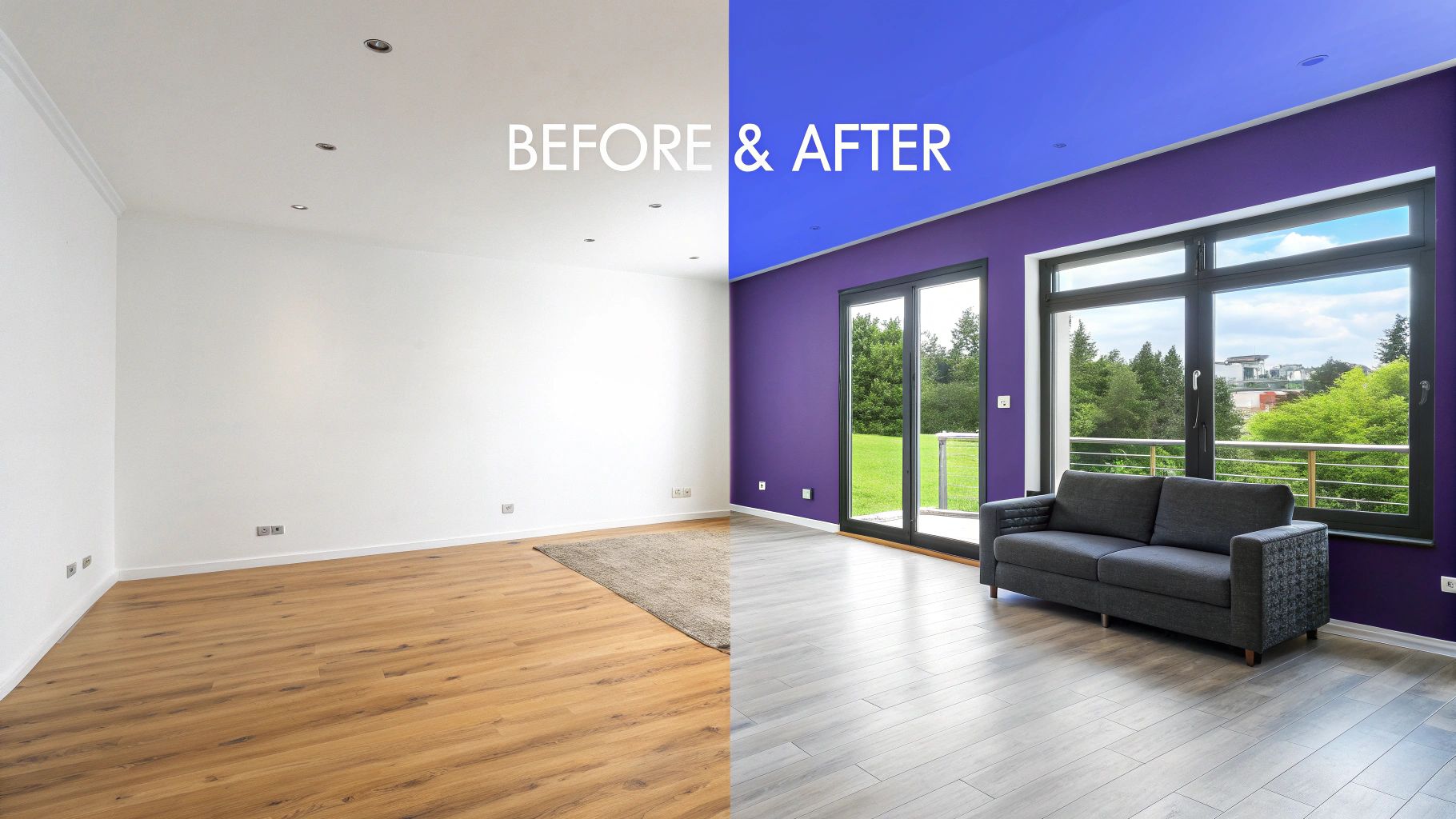 Before and after image of a living room transformation with purple walls, blue ceiling, and new grey sofa.