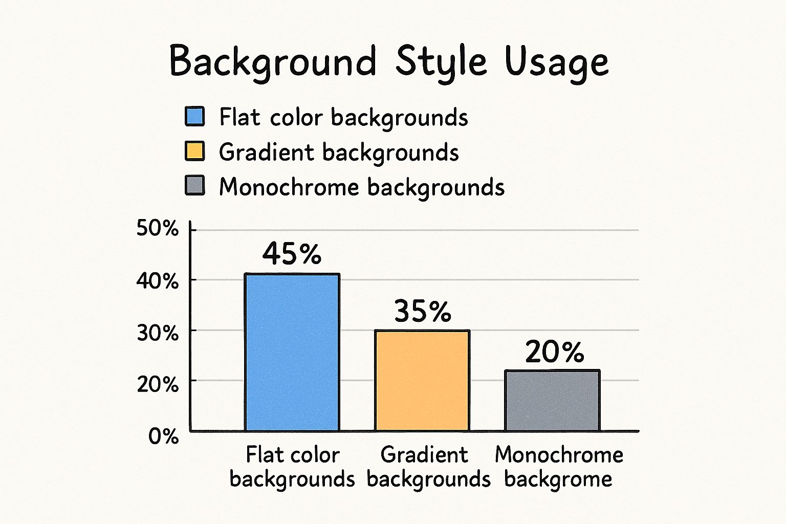 An infographic showing a bar chart of the most popular icon background styles. Flat color is the most popular at 45%, followed by gradient backgrounds at 35%, and monochrome backgrounds at 20%.