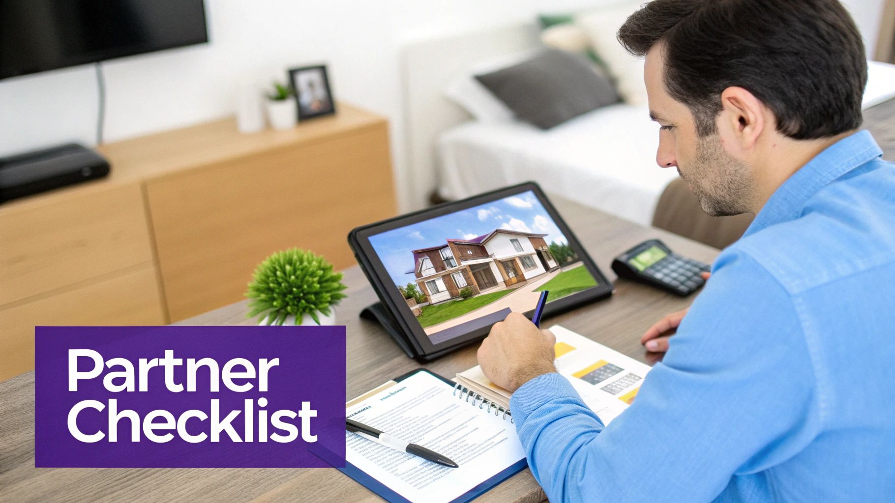 A man reviews a partner checklist, looking at a modern house on a tablet, and taking notes.