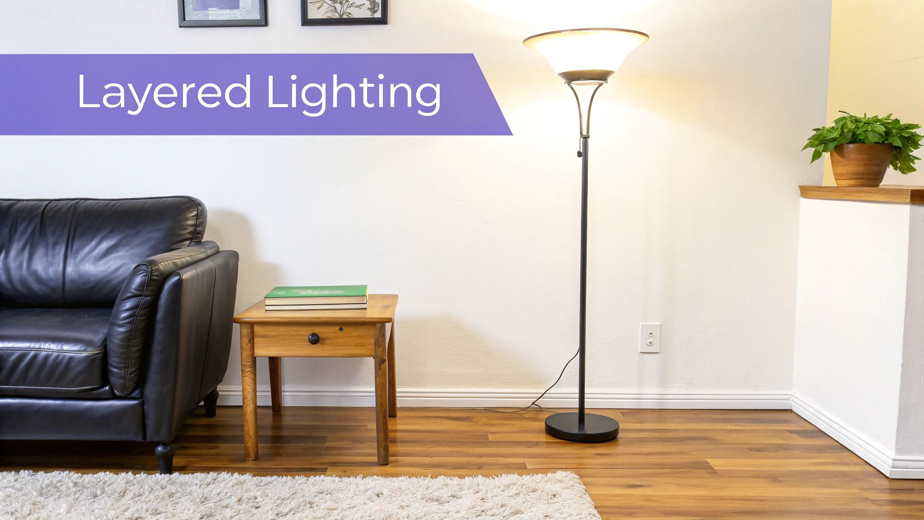 A cozy living room featuring a black couch, side table, and floor lamp for layered lighting.