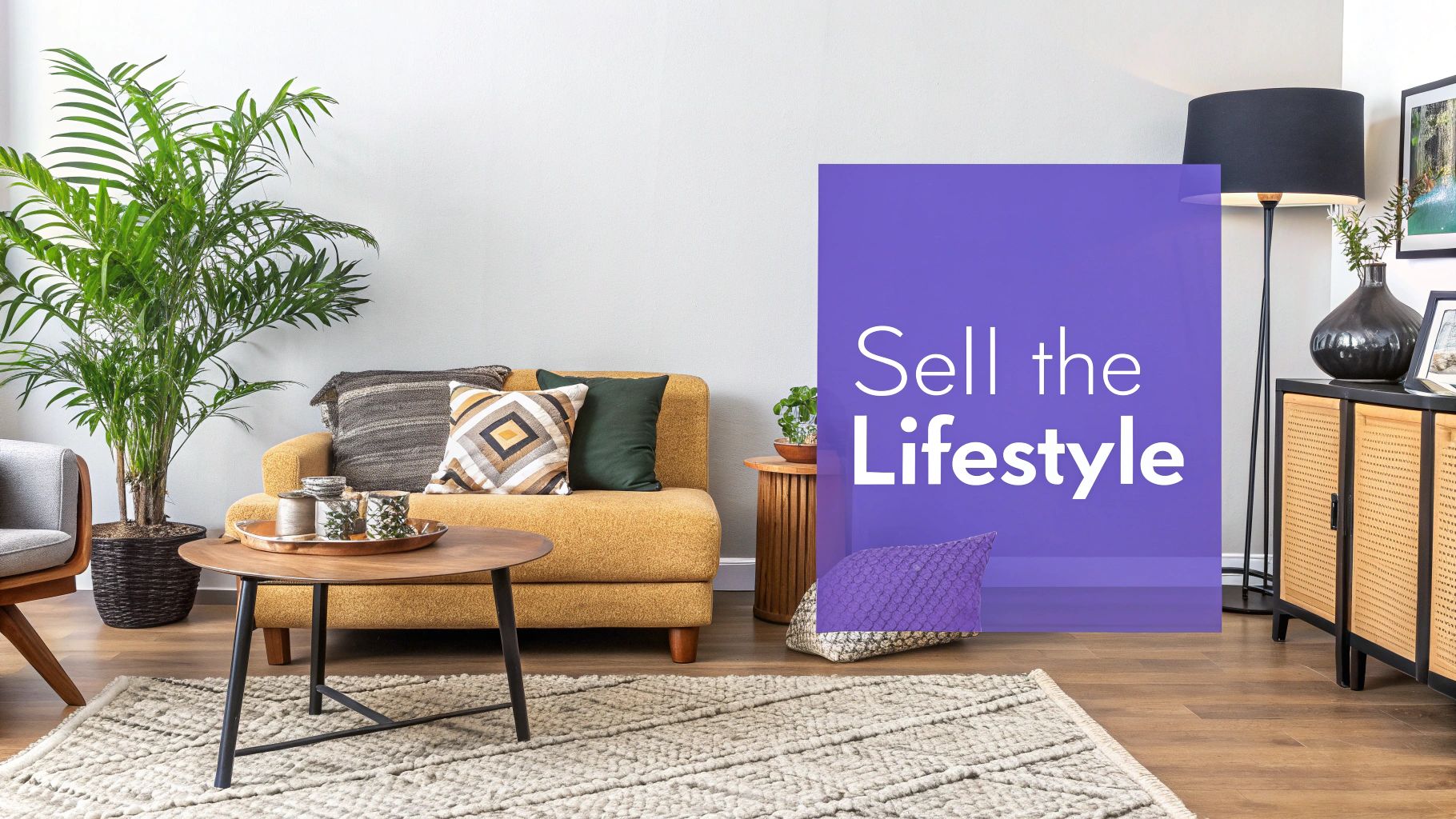 A stylish living room featuring a mustard yellow sofa, large plant, and 'Sell the Lifestyle' text overlay.