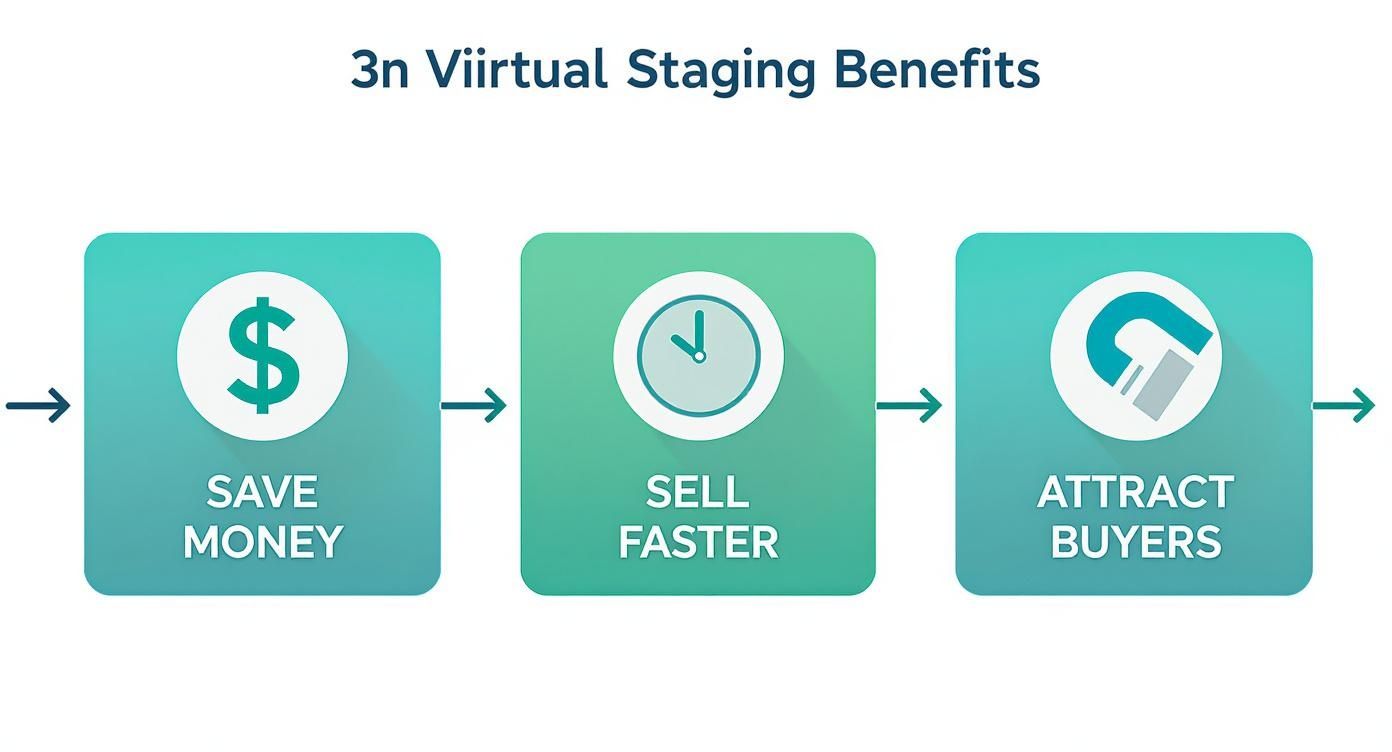 A diagram illustrates three benefits of virtual staging: save money, sell faster, and attract buyers.