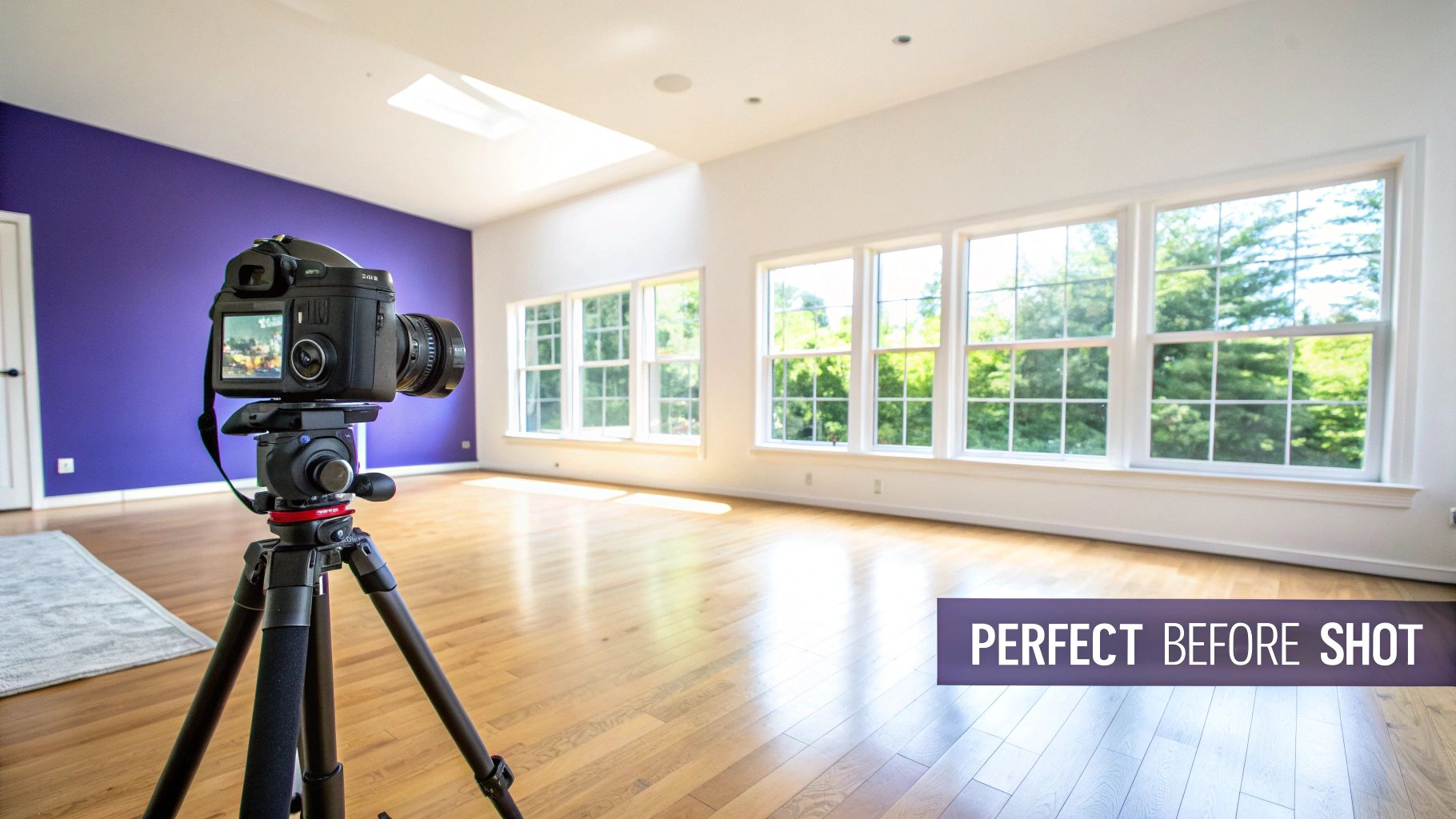 A camera on a tripod in an empty room with a purple wall, wooden floor, and large windows, labeled 'PERFECT BEFORE SHOT'.