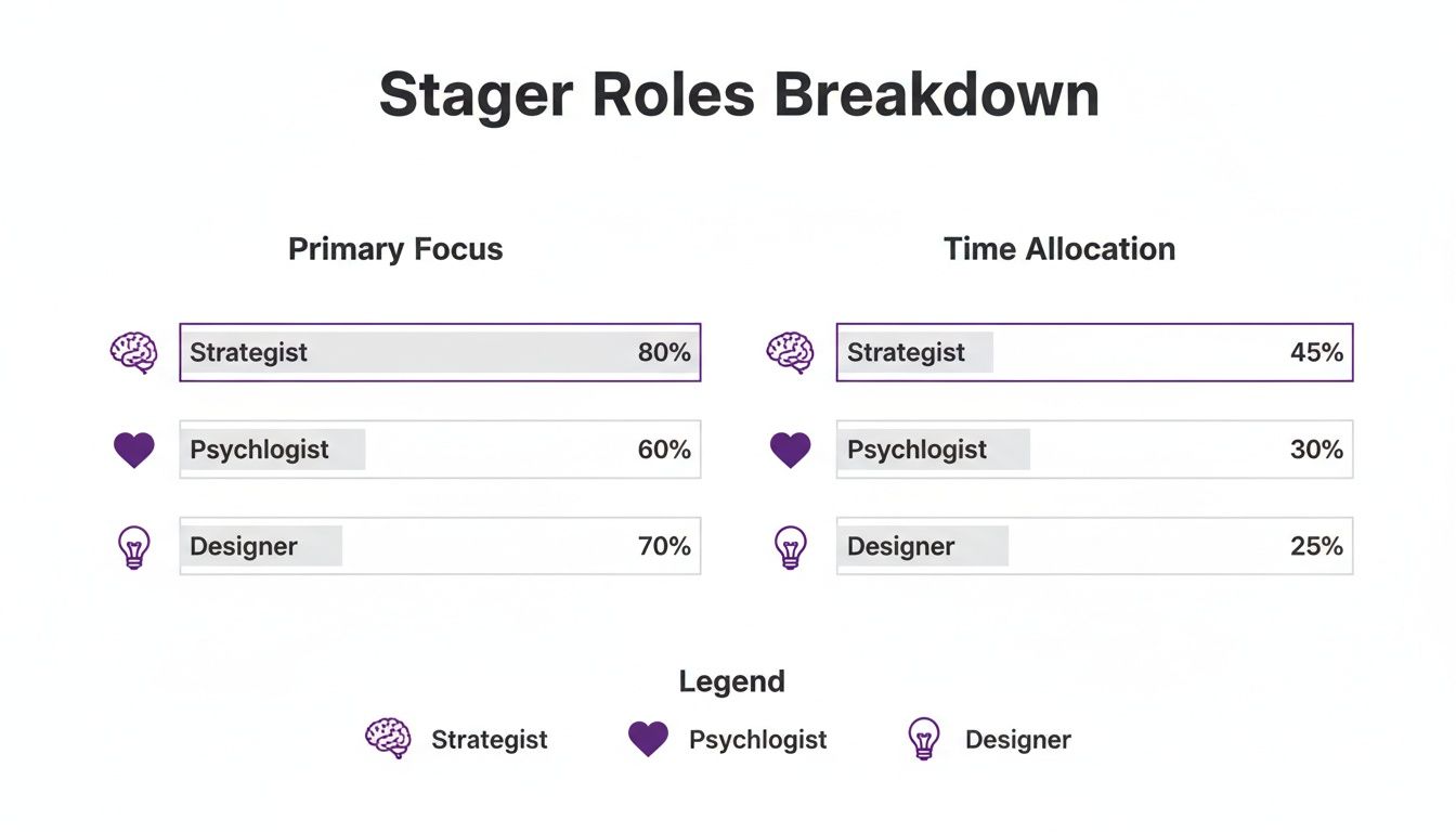 Infographic detailing stager roles: Strategist, Psychologist, Designer. Shows primary focus and time allocation percentages.