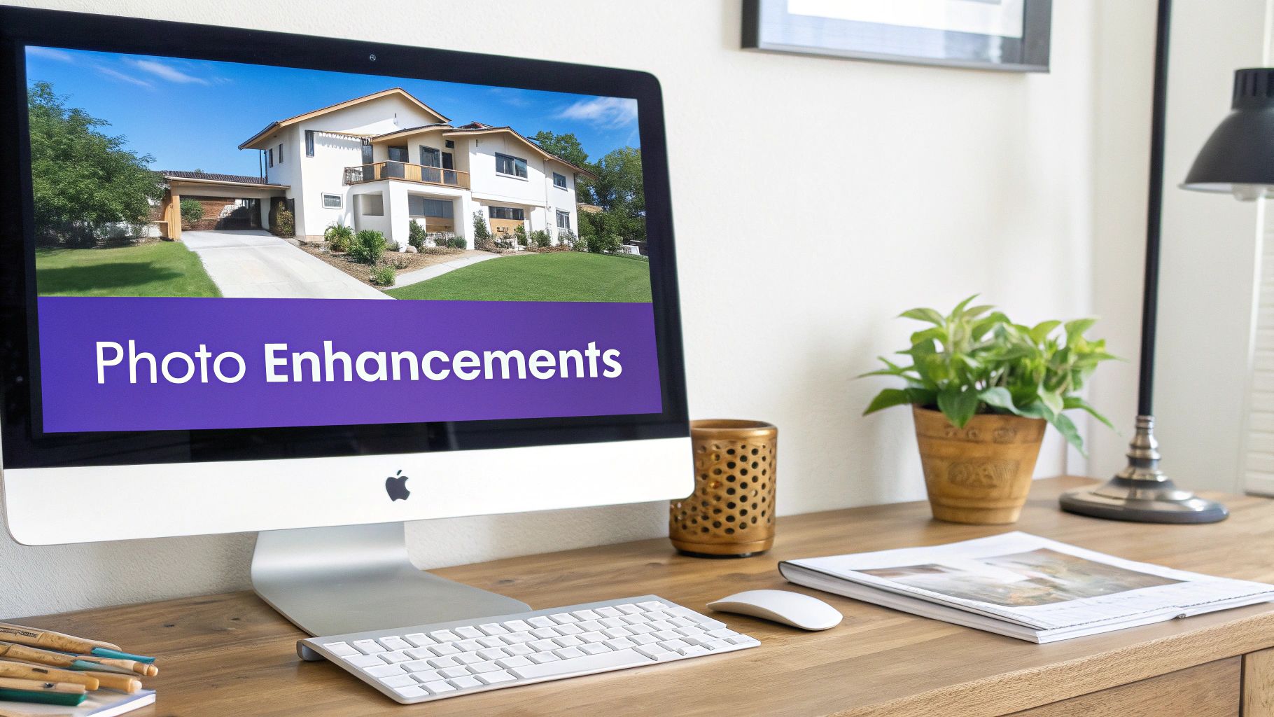 A real estate photo being edited on a laptop screen